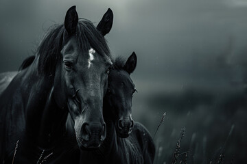 A horse is taking care of her cub, animal and love, familiy concept