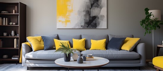 A grey sofa with yellow accents stands in a modern living room. A large painting hangs on the wall,...