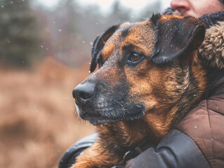 Serene Dog Embraced by Owner in Winter Scene
