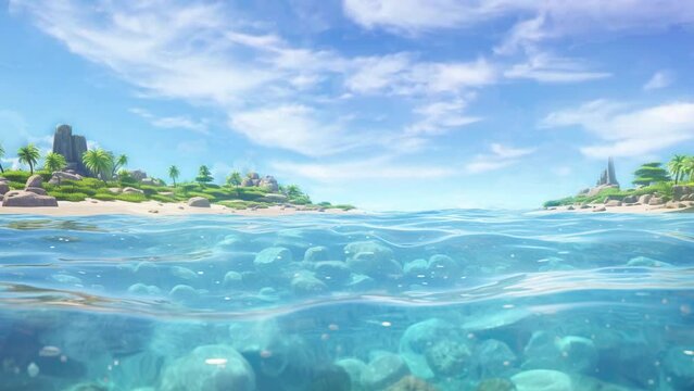 Cute cartoon-style depiction of crystal-clear waters on sandy beach. Perfectly Integrated 4K Animated Video.