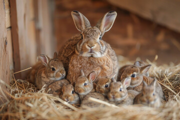 Obraz premium A rabbit is taking care of her cub, animal and love, familiy concept