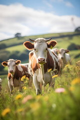 Rustic Charm: Ayrshire Dairy Cows' Grazing in Serene Green Pastures - A Display of Farm Life