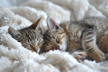 Cats sleep together on white fluffy bed, animal, love, family concept