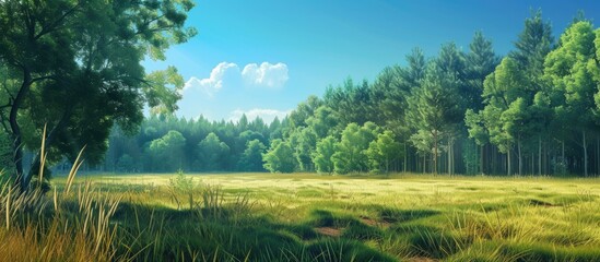 A painting depicting a grassy field with tall grass in the foreground and a variety of trees in the background. The scene is set under a clear blue sky.