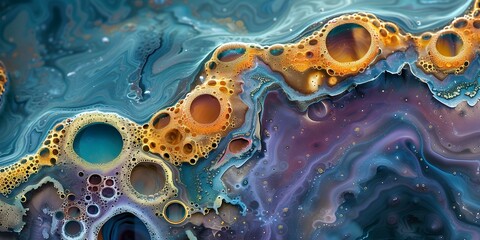 Closeup of soap bubbles resembling cell structure under microscope Science background. Concept Macro Photography, Soap Bubbles, Cellular Structure, Science Illustration, Closeup Shots