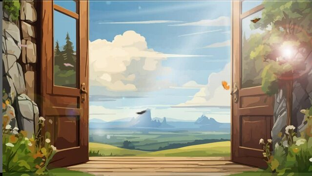 a door in an anime fairyland with beautiful hills and mountains anime style illustration, for lofi video background loop. for gaming, streaming or background music. generated with AI