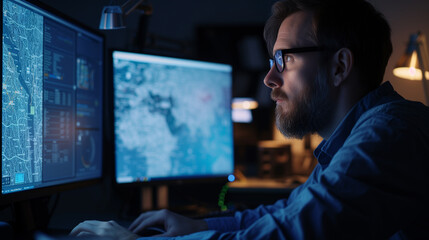 Side view of concentrated man in eyeglasses working on computer. Cyber security concept.