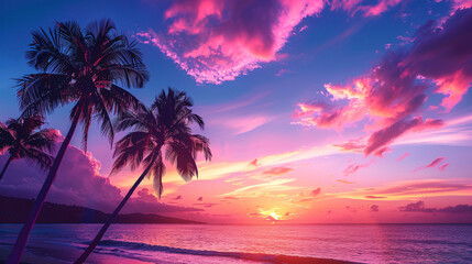 Fototapeta na wymiar Palm trees on a beach at sunset.