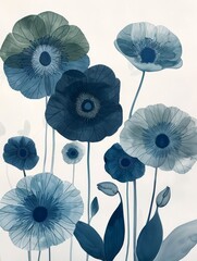 Blue Flowers Painting on White Background. Printable Wall Art.