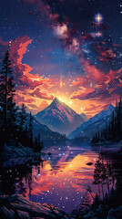 Artistic illustration of a starry night sky over a majestic mountain peak.