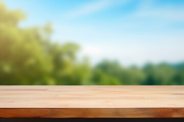 An empty wooden table set against a softly blurred natural backdrop AI Generative.