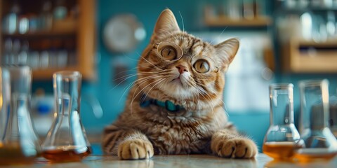 Furry feline scientist exploring the lab surroundings with a closeup view. Concept Cute Cat Scientist, Lab Exploration, Close-Up, Feline Curiosity