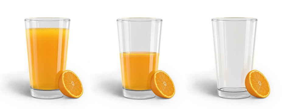 Orange Juice Variations: Full, Half-Full, Empty Glass on Transparent Background. Orange Juice Design Elements