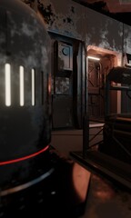 View of main door in research room in dark scene 3d render wallpaper background