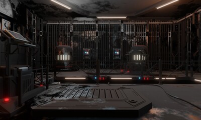 View of laboratory research control room science fiction 3d render wallpaper background