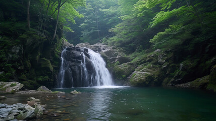 Serene waterfall in a lush forest, a tranquil escape into nature's beauty. AI Generative.