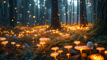 A mystical forest floor comes to life with the ethereal glow of magical mushrooms, AI Generative.