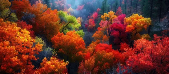 Foto op Canvas The forest in Zi National Park is filled with colorful trees showcasing the stunning colors of fall. The foliage is a vibrant display of reds, yellows, and oranges, creating a picturesque scene of © 2rogan