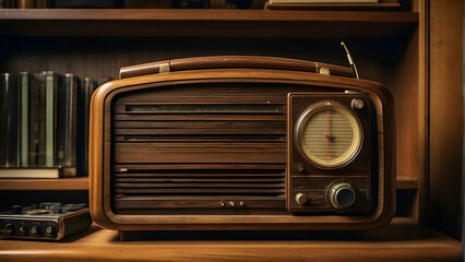 an old school radio sits on wooden shelf with old school vibes