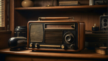 Old retro radio sits on wooden shelf with old school vibes