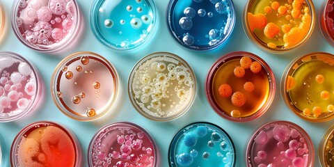 Thriving Diverse Microbial Cultures Creating Colorful Scientific Display. Concept Microbiome Diversity, Colorful Cultures, Scientific Display