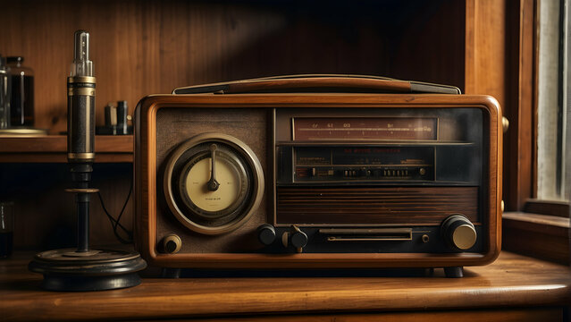 an old school radio sits on wooden shelf with old school vibes
