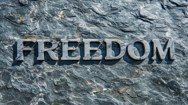 Grey Marble Freedom concept creative horizontal art poster. Photorealistic textured word Freedom on artistic background. Ai Generated Liberty and Independence Horizontal Illustration..