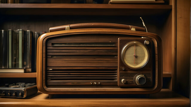 an old school radio sits on wooden shelf with old school vibes