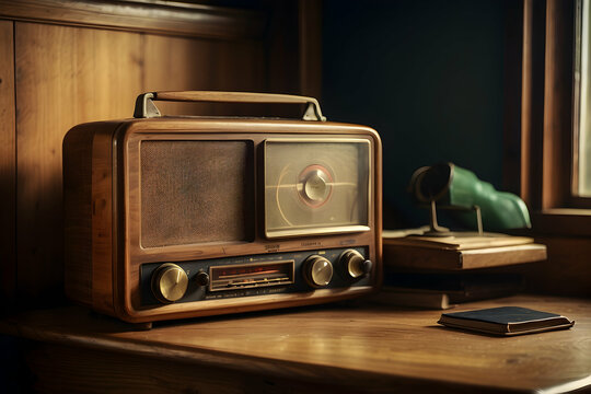 Old vintage radio sits on wooden shelf with old school vibes