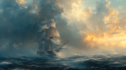Illustration of a Pinis ship sailing on the sea. - obrazy, fototapety, plakaty