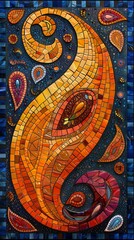 closeup mosaic swirl paisleys anthropomorphic bird orange blue deep ocean sculpture space whale shapes black background princess lieblich gold cobalt tiles astronomy