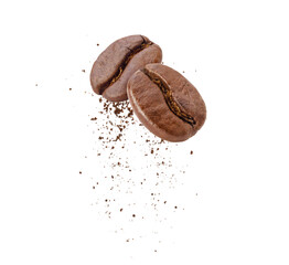 Flying whirl roasted coffee beans in the air with coffee powder studio shot, Healthy products by organic natural ingredients concept, PNG transparency with shadow