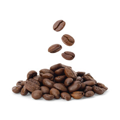 Flying whirl roasted coffee beans in the air with coffee beans on desk studio shot, Healthy products by organic natural ingredients concept, PNG transparency with shadow