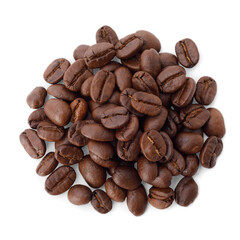 Roasted coffee beans on desk studio shot, Top view, Healthy products by organic natural ingredients concept, PNG transparency with shadow