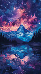 Artistic illustration of a starry night sky over a majestic mountain peak.