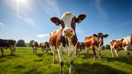 Rustic Charm: Ayrshire Dairy Cows' Grazing in Serene Green Pastures - A Display of Farm Life - obrazy, fototapety, plakaty