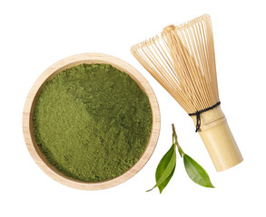 Matcha green tea powder in bowl with Organic green tea leaves and japanese wire whisk, Organic...