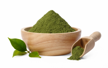 Matcha green tea powder in bowl with Organic green tea leaves, Organic product from the nature for healthy with traditional style, PNG transparency with shadow