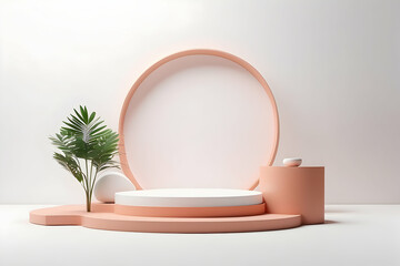 Minimalist and aesthetic podium and abstract background. Peach and white colors scene. Trendy 3d render for social media banners, promotion, cosmetic product show
