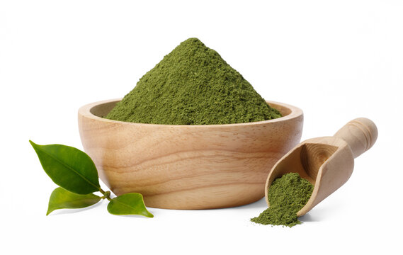 Matcha green tea powder in bowl with Organic green tea leaves, Organic product from the nature for healthy with traditional style, PNG transparency with shadow