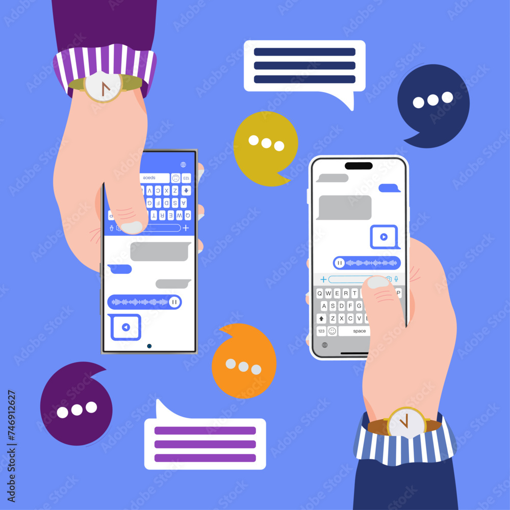 Poster hands holding smartphone with social messenger app. mobile smartphone with sms concept. message send
