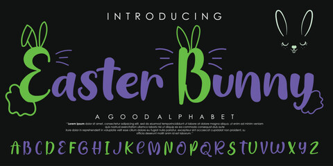 Vector illustration of an Easter Bunny alphabet font design with bunny ears and modern vector calligraphy for holiday greeting cards and invitations on Happy Easter Day. - obrazy, fototapety, plakaty