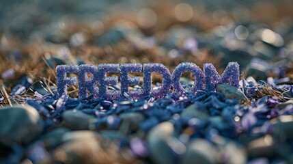 Iolite Crystal Freedom concept creative horizontal art poster. Photorealistic textured word Freedom on artistic background. Ai Generated Liberty and Independence Horizontal Illustration..