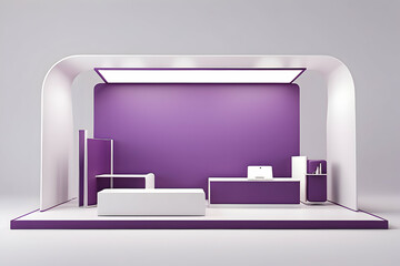 3d render exhibition booth with purple theme. Exhibition stand mockup template. Promotion center.
