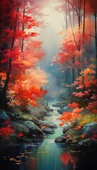 stream forest red leaves gorgeous skill ability gentle mists deep lit