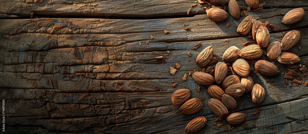 Poster a variety of nuts, including almonds, walnuts, and peanuts, are neatly arranged on a rustic piece of