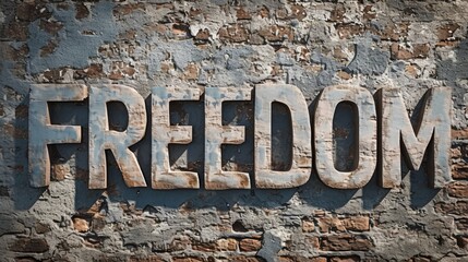 Marmorino Freedom concept creative horizontal art poster. Photorealistic textured word Freedom on artistic background. Ai Generated Liberty and Independence Horizontal Illustration..