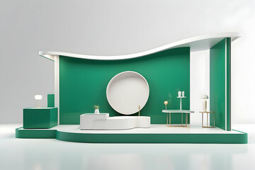 3d rendering of minimalist green exhibition stand on white background
