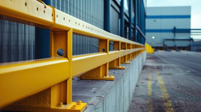 Exterior Industrial Safety Barrier System. Yellow safety barrier system outside an industrial building, providing a clear demarcation for vehicular and pedestrian areas.