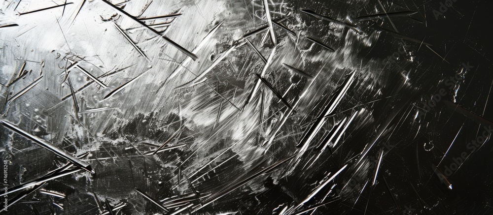 Poster a black and white image showing a cluster of sticks arranged in an intricate pattern on a steel back
